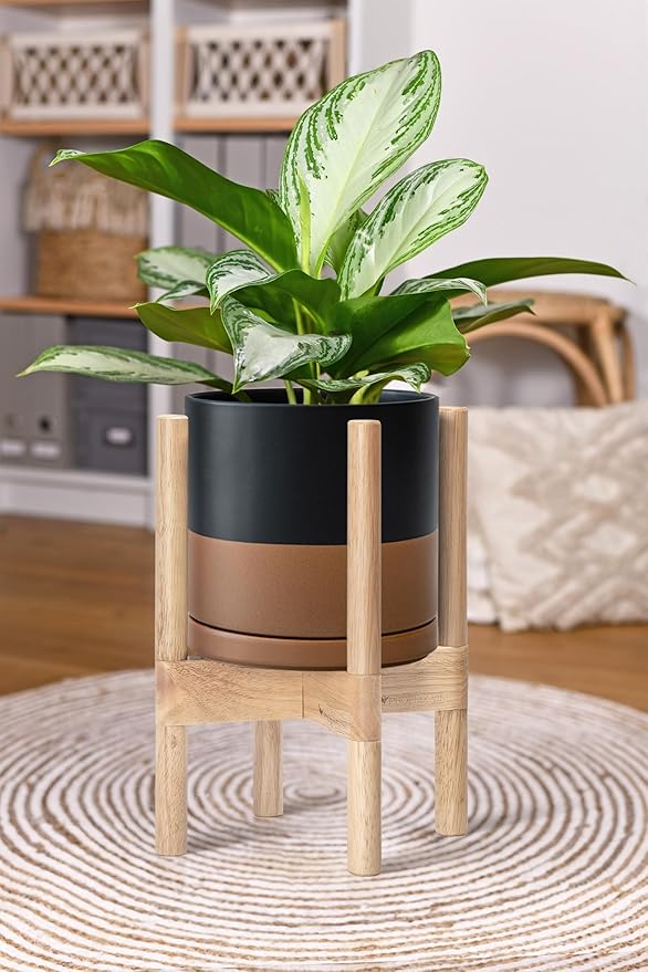 D'vine Dev Ceramic Planter with Natural Stand - 8 Inch Modern Round Flower Pot with Wood Planter Holder, Black/Speckled Tan, 55-B-N-7-Ruum Studio Home