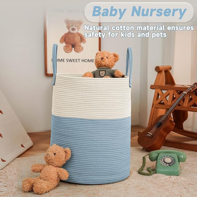 Large Woven Laundry Basket Hamper,60L Cotton Rope Storage Bin for Blankets,Toys and Clothes,Decorative Tall Nursery Hamper for Living Room,Baby Nursery,Bathroom and Bedroom,White and Blue-Ruum Studio Home