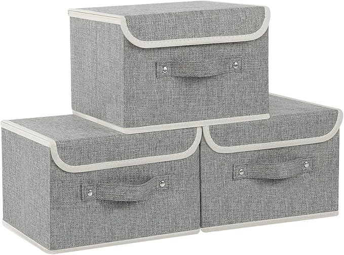 Storage Boxes, Collapsible Storage Bins with Lids, Cotton and linen cloth Storage Baskets with Handle, for Books, Closet, Bedroom, Home, Grey, 3 Pack 10.2 X 7.9 X 6.7in-Ruum Studio Home
