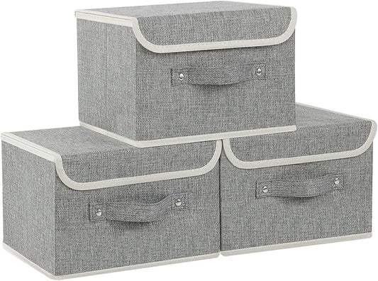 Storage Boxes, Collapsible Storage Bins with Lids, Cotton and linen cloth Storage Baskets with Handle, for Books, Closet, Bedroom, Home, Grey, 3 Pack 10.2 X 7.9 X 6.7in-Ruum Studio Home