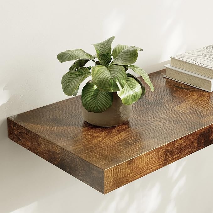 Large Floating Shelves for Wall Set of 1 Wooden Wall Shelves V Room Decor Long Shelf with Invisible Wall Mount Bracket for Bedroom Kitchen Living Room Rustic Brown-Ruum Studio Home