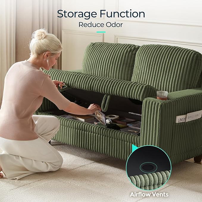 LINSY HOME Loveseat Sofa with Storage - Comfy Plush Corduroy 2 Seater Sofa with USB Charging & Cup Holders, Deep Seat Love Seat for Small Spaces Living Room Bedroom Apartment, Green-Ruum Studio Home
