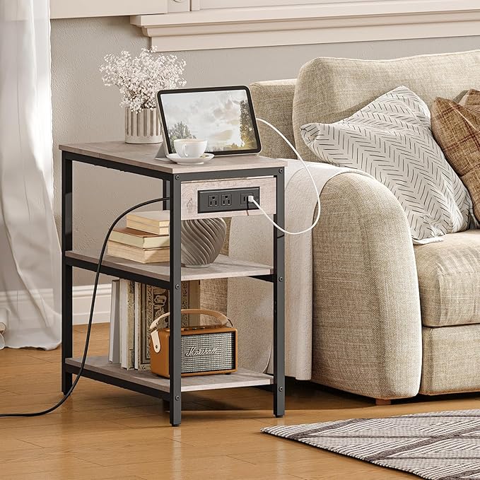 HOOBRO End Table with Charging Station, Simple Rustic Side Table with 3-Tier Storage Shelf, Narrow Nightstand for Small Spaces, for Living Room, Industrial Design, Greige and Black BG149UBZ01-Ruum Studio Home