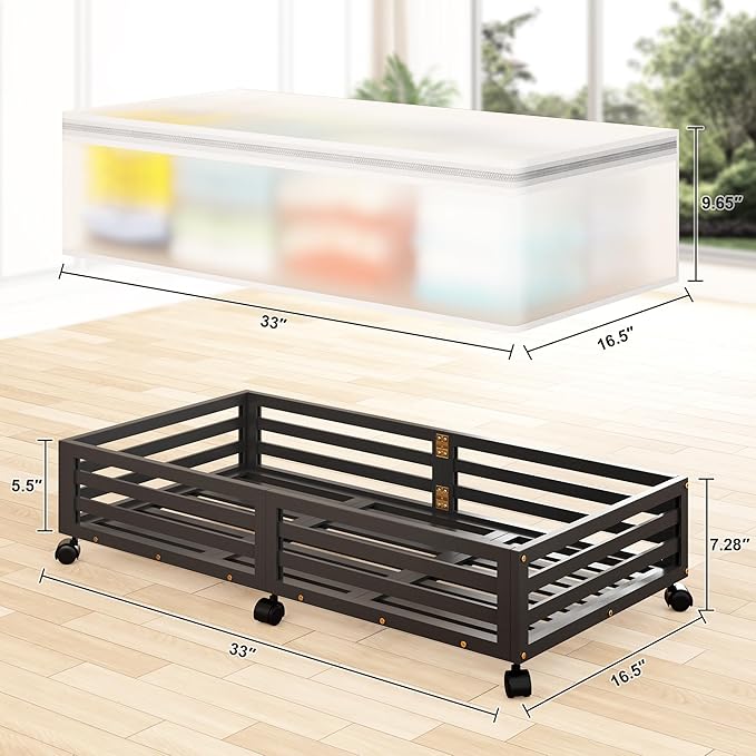 Under Bed Storage Containers With Wheels - 2 Pcs Large Bamboo Wood Rolling Underbed Shoe Storage Bins With Dust Bags for Clothes Blankets, Duvet Covers Snacks Toys (Black)-Ruum Studio Home