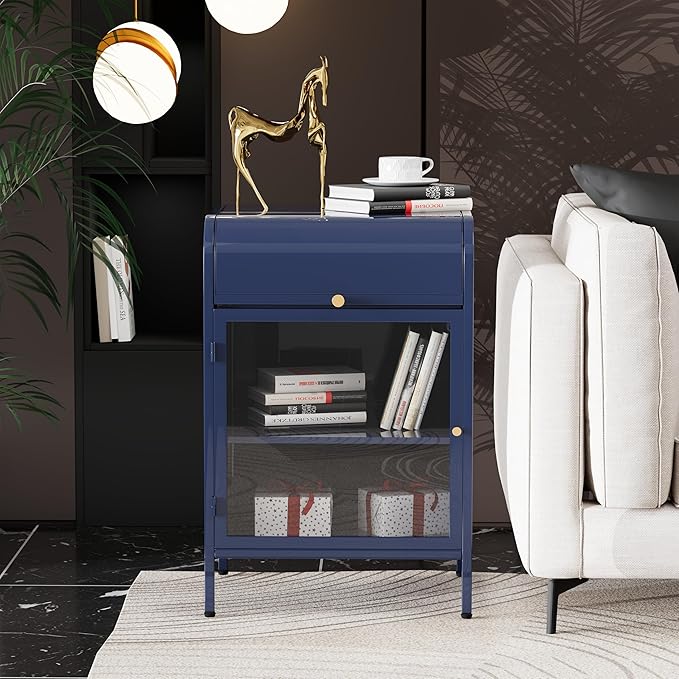 Modern Metal Side Tables, End Tables with Glass Door, 2-Tier Nightstands with Storage Shelves, Accent Table, Slim Sofa Table for Living Room, Bedroom (1, Bule)-Ruum Studio Home