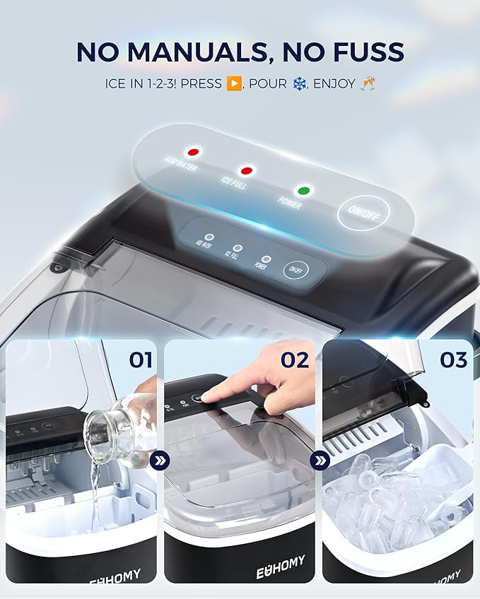 EUHOMY Countertop Ice Maker Machine with Handle, 26lbs in 24Hrs, 9 Ice Cubes Ready in 6 Mins, Auto-Cleaning Portable Ice Maker with Basket and Scoop, for Home/Kitchen/Camping/RV. (Black)-Ruum Studio Home