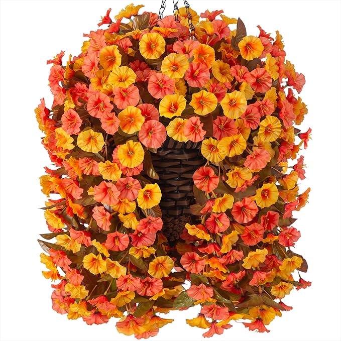 Artificial Fall Fake Hanging Flowers Plants Basket for Outdoor Autumn Decoration, Faux Silk Morning Glory Long Stems Vines Realistic UV Resistant for Outside Home Porch Garden (Fall Orange+Yellow)-Ruum Studio Home