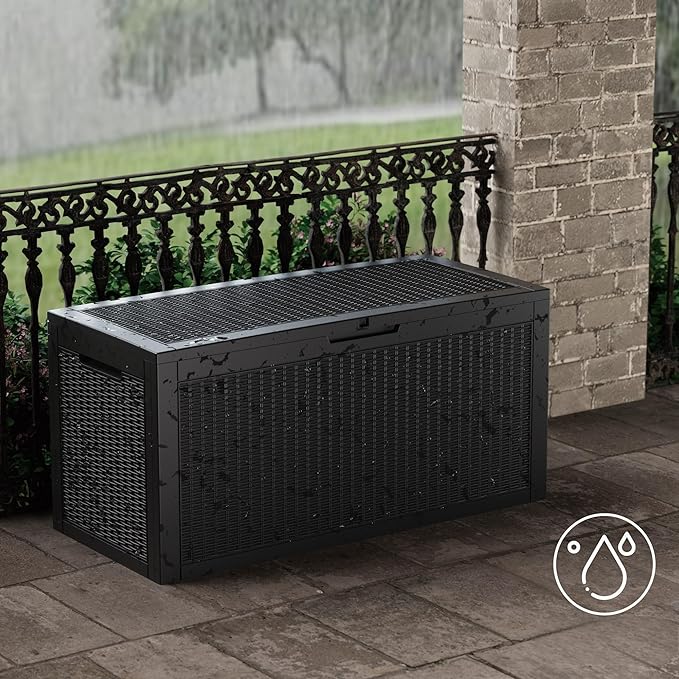 100 Gallon Resin Deck Box, Waterproof Outdoor Storage Bin for Patio Furniture, Pool Accessories, and Garden Tools, Lockable & UV-Resistant, Black-Ruum Studio Home