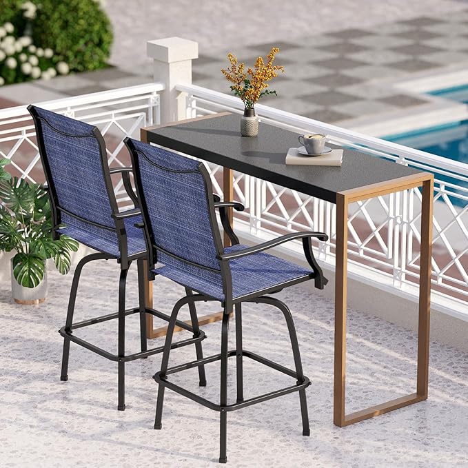 PHI VILLA 3 Piece Outdoor Bar Set, High Top Patio Bistro Table and Bar Chairs with Blue Textilene Fabric & Rustproof Metal Frame for Backyard, Balcony, Garden & Poolside-Ruum Studio Home