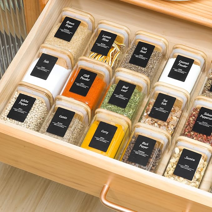 ComSaf 16Pcs Glass Spice Jars with Bamboo Lid, 6oz Airtight Square Containers with 275 Black Lables, Empty Seasoning Jars for Salt Sugar-Ruum Studio Home
