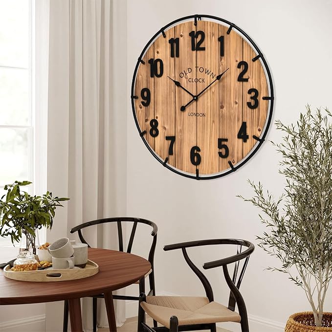 Large Old Town Farmhouse Wall Clock 30 Inches Rustic Antique Wood with Metal Circle and Large Numerals Silent Battery Operated Wall Clock for Office Kitchen Bedroom Living Room-Ruum Studio Home