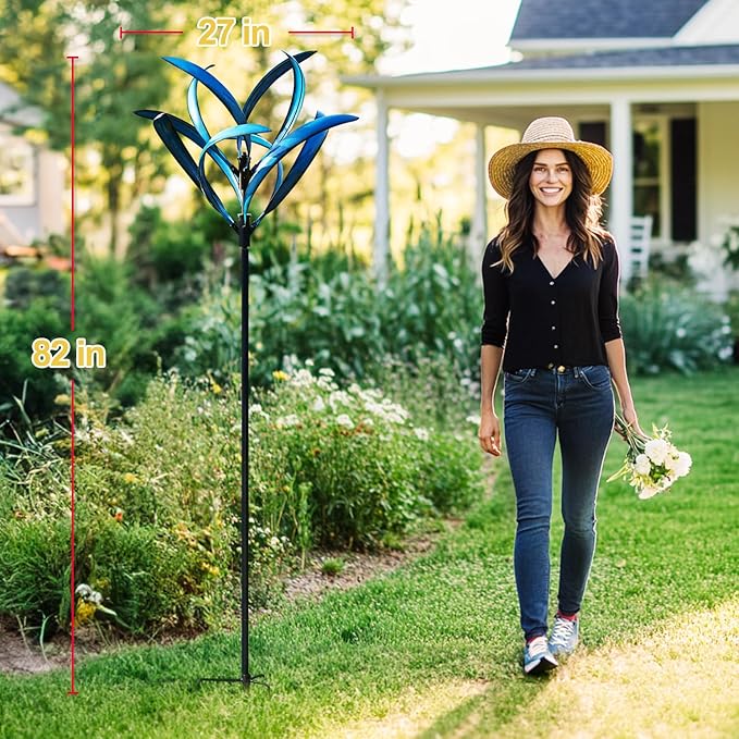 LimeHill Wind Spinner for Yard and Garden - Large Metal Kinetic Wind Sculptures for Outdoor Decorations (Blue Magnolia)-Ruum Studio Home