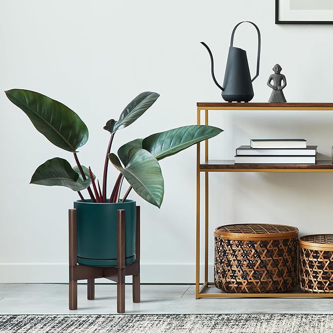 D'vine Dev Ceramic Planter with Walnut Color Stand - 8 Inch Modern Round Flower Pot with Wood Planter Holder, Teal, 55-B-Y-4-Ruum Studio Home