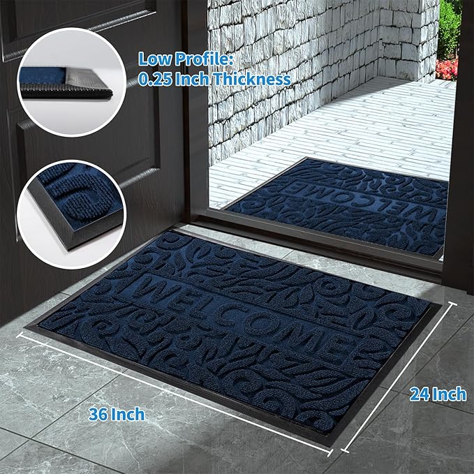 Yimobra Welcome Mat Outdoor, 36x24 Waterproof Door Mat Outside Entrance, All-Weather Non Slip Front Door Mat, Low-Profile Entryway Mat Indoor, Porch and Patio, Blue-Ruum Studio Home