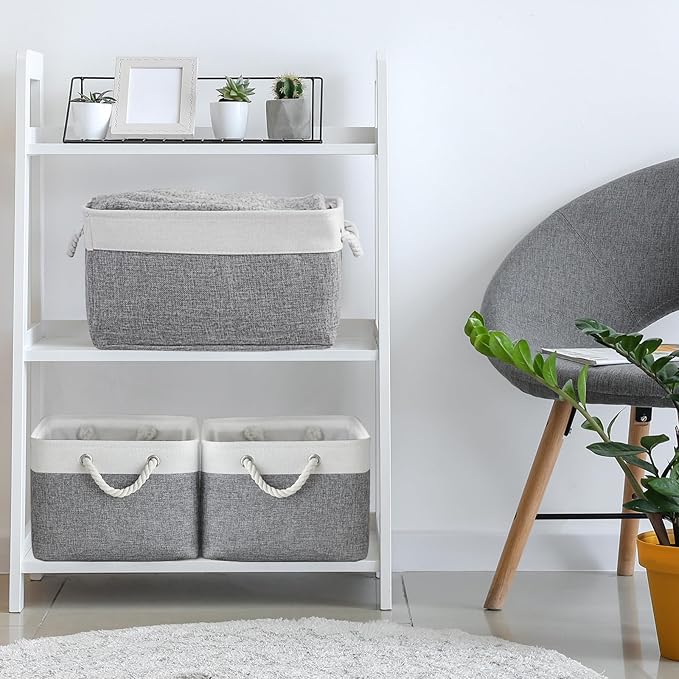 TheWarmHome Storage Basket for Organizing - 15.7x11.8x8.2 inch Large 3 Pack Collapsible Storage Bins for Shelves, Fabric Storage Cubes for Gift Closet Linen Organization (White & Grey)-Ruum Studio Home