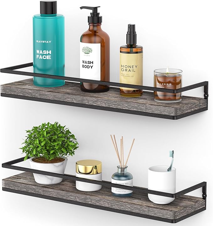 Meangood Floating Shelves Wall Mounted Set of 2, Rustic Wood Wall Storage Shelves for Bedroom,Living Room,Bathroom, Kitchen Pine-Ruum Studio Home