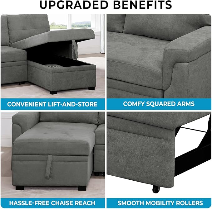 Naomi Home L-Shaped Reversible Sectional Sofa with Pull-Out Sleeper Bed and Storage Chaise, Gray Velvet-Ruum Studio Home