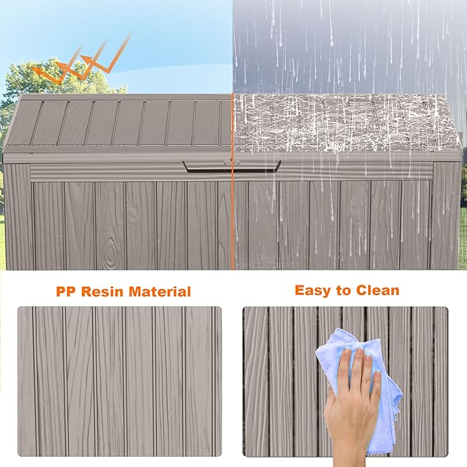 75 Gallon Resin Deck Box, Lockable Patio Outdoor Storage Box for Furniture, Garden Tools and Tools Storage, Waterproof Outside Storage Boxes - Grey-Ruum Studio Home