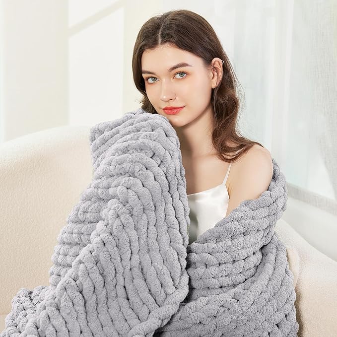 Admitrack Chunky Knit Blanket Throw, 100% Hand Knit Chenille Throw Blanket for Sofa & Home Decor, Soft and Cozy Knitted Throw Blankets (Light Gray，51"x63")-Ruum Studio Home