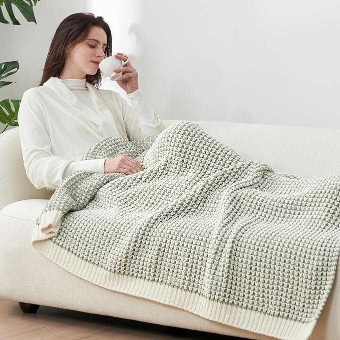 Amélie Home Chenille Waffle Throw Blanket for Couch, Reversible Pineapple Stitch Knit Soft Cozy Knit Blanket Lightweight Warm Decorative Throw for Sofa, Bed, Living Room, 50"x60", Sage Green&Ivory-Ruum Studio Home