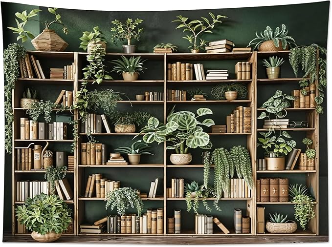 HVEST Green Plant Bookshelf Tapestry Book on Bookshelf and Plant Potted Tapestry Wall Hanging Reading Wall Art Decor for Study Room Bedroom Living Room College Dorm, 40L x 60W Inches-Ruum Studio Home