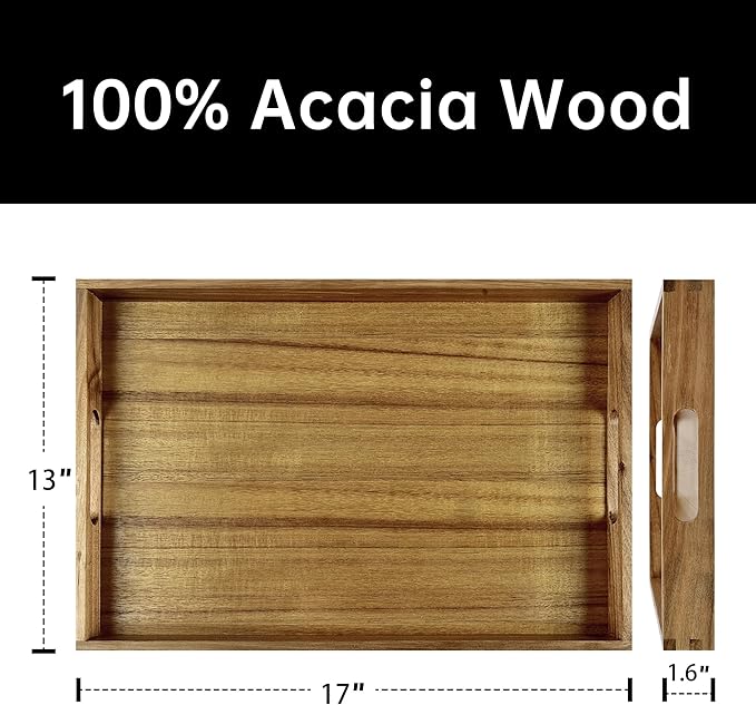 Acacia Wood Serving Tray with Handles - 17-Inch Decorative Wooden Tray - Perfect for Breakfast, Lunch, Dinner, Appetizers, Patio, Ottoman, Coffee Table - Durable Living Room and Couch Tray-Ruum Studio Home