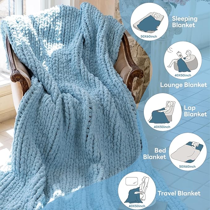 Chunky Knit Blanket - Luxury Soft Cozy 40 * 50 Throw Blanket,100% Woven Blanket Rope Knot Throw Blanket for Couch, Sofa, Home Decor, Gift - Machine Washable（Light Blue）-Ruum Studio Home