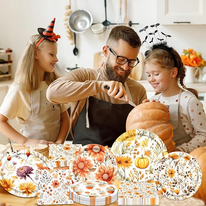 Fall Party Supplies - 60Pcs Autumn Thanksgiving Plates and Napkins Pumpkin Maple Leaf Table Decorations for Fall Birthday,Thanksgiving Party-Ruum Studio Home