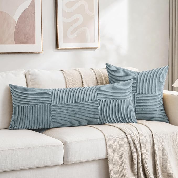 Fancy Homi Set of 2 Light Blue Decorative Throw Pillow Covers 16x16 Inch for Living Room Couch Bed, Rustic Farmhouse Boho Home Decor, Soft Striped Corduroy Textured Square Cushion Case 40x40 cm-Ruum Studio Home