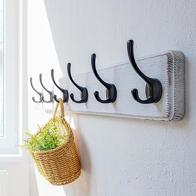 Dseap Wall Mounted Coat Rack: 24" Long, Patented, Heavy-Duty, 6-Double-Hooks Wooden Hanger Rail for Winter Coats, Hat, Jacket, Clothing - White & Black, Pack of 2-Ruum Studio Home