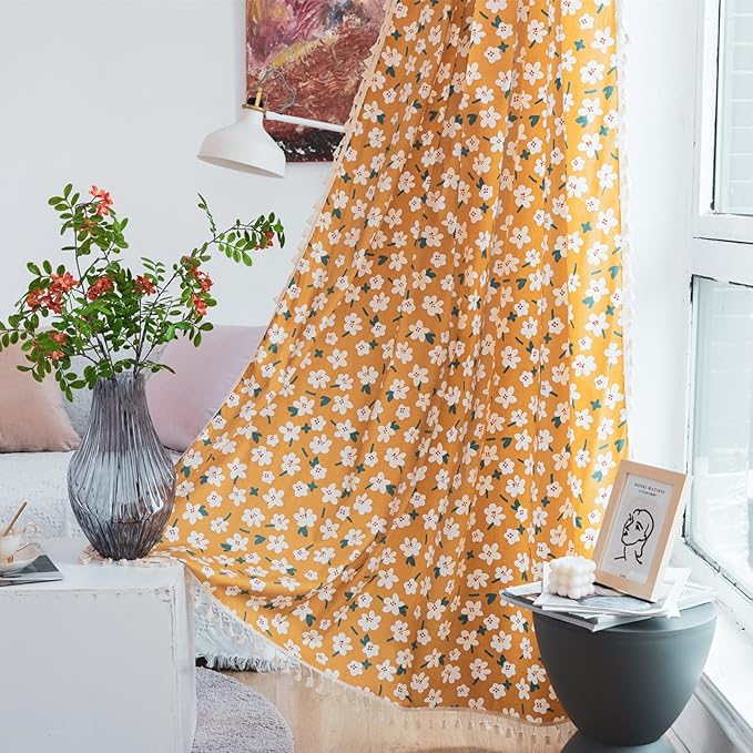 Sutuo Home Boho Curtain Semi-Blackout Yellow Florals Print Cotton Linen Fabric, Handmade Tassels Rod Pocket Bohemian Farmhouse Country Window Drapes for Living Bedroom, 59" W x 84" L, 1 Panel-Ruum Studio Home
