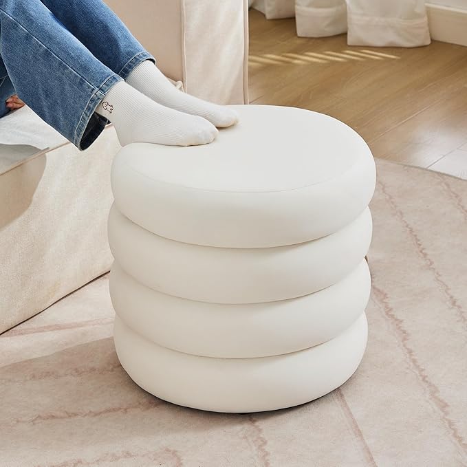 ONEVOG Round Storage Ottoman, 20" Small Ottomans Table with Removable Lid, Velvet Fabric Soft Footrest Stool for Couch, Upholstered Stuffed Circle Seat for Living Room/Bedroom/Dorm/Vanity, Lvory White-Ruum Studio Home