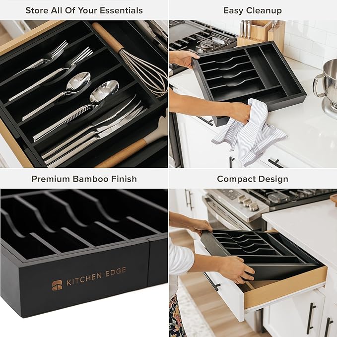 Premium Silverware, Flatware and Utensil Organizer for Kitchen Drawers, Food-Safe Contract Grade, Expandable from 14.5 to 25 In, Black Bamboo-Ruum Studio Home