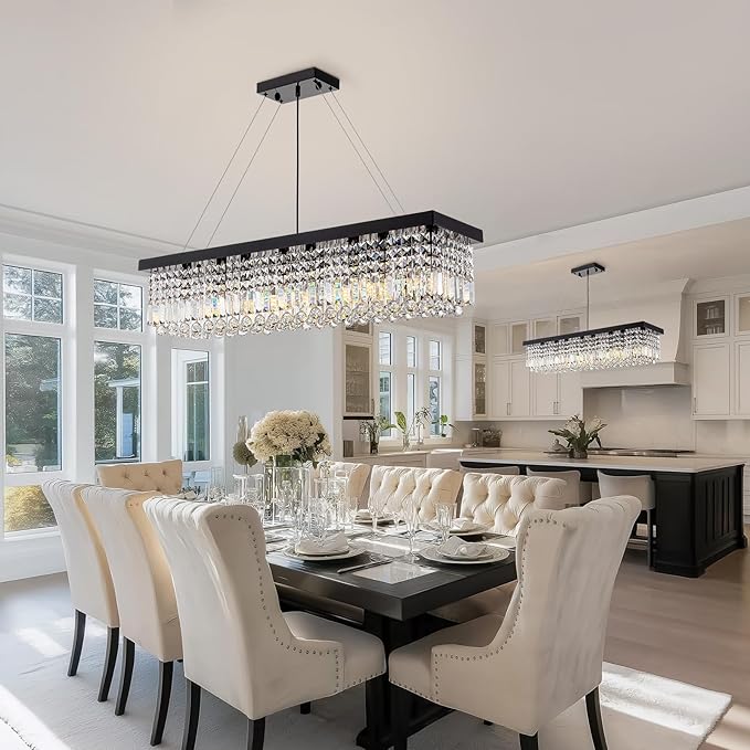 8 Light Modern Crystal Chandelier for Dining Room,Rectangular Rectangle Raindrop Crystal Light Fixture,Height Adjustable for Kitchen Island L40''xW10''xH10''-Ruum Studio Home