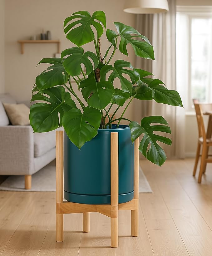 D'vine Dev Ceramic Planter with Natural Stand - 12 Inch Modern Round Flower Pot with Wood Planter Holder, Teal, 55-B-J-4-Ruum Studio Home