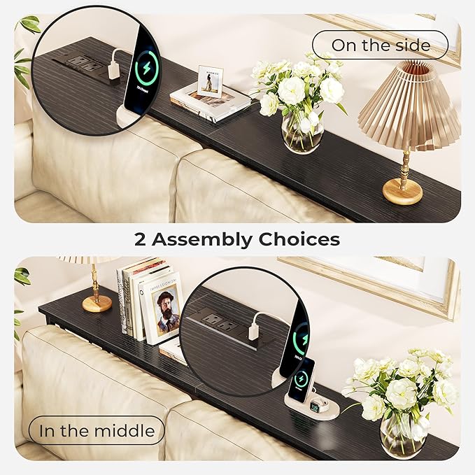 SUPERJARE 70 Inch Console Table with Outlets and USB-C Port, Extra Long Behind Couch Sofa Table with X-Shaped Design, Narrow for Entryway, Living Room, Metal Frame, Wooden Top, Black-Ruum Studio Home