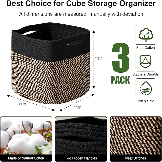 11 Inch Cube Storage Bins, Storage Cube Organizer Bins, Woven Cotton Rope Baskets for Storage, Storage Basket for Organizing Shelves, Square Baskets for Toys Nursery, Black & Jute (Pack of 3)-Ruum Studio Home