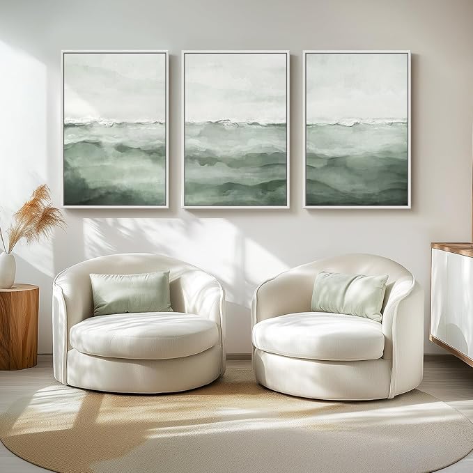 Large Framed Sage Green Abstract Landscape Wall Art for Living Room, 3 Piece Modern Canvas Prints Paintings Artwork for Walls, Minimalist Abstract Pictures for Hallway, Office Wall Decor 24x36 In-Ruum Studio Home