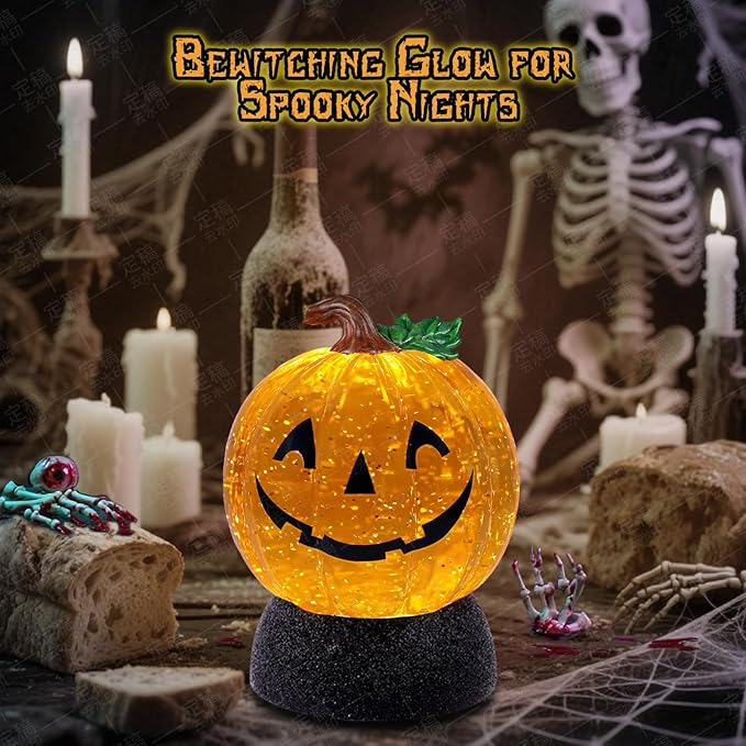Halloween Snow Globe Lantern Pumpkin Lighted Halloween Snow Globes Battery Operated or USB Powered with 6H Timer Musical Snow Globe Glitter for Spooky Party Home Table Decorations (Pumpkin)-Ruum Studio Home