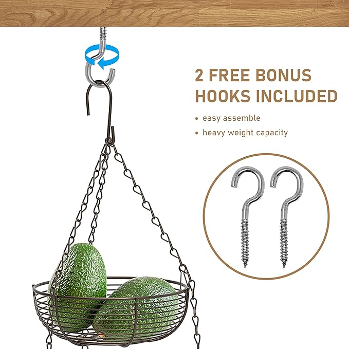 CAXXA 3-Tier Hanging Basket Fruit Organizer Kitchen Heavy Duty Wire Organizer with 2 Free Bonus Metal Ceiling Hooks(Bronze)-Ruum Studio Home