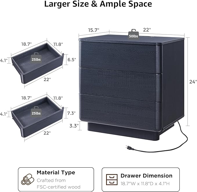 JXQTLINGMU 22" Modern Nightstand with Charging Station, Large Push-to-Open End Table, Wood Bedside Table w/Curved Profile Design, Handleless 3 Drawer Night Stand for Bedroom, Living Room, Black-Ruum Studio Home