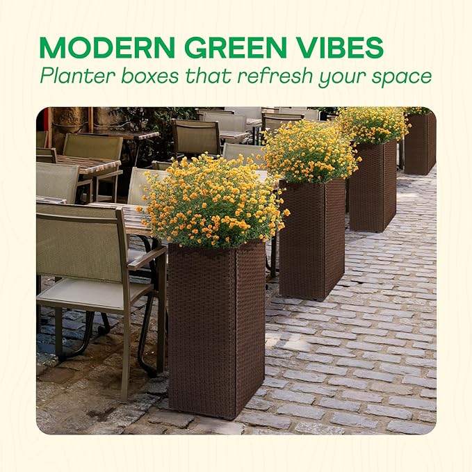 IDZO All-Weather Wicker Planters, Set of 2, 24 in Tall Wicker Planters, Self-Watering with Drainage, Durable PP Material, Raised Garden Bed Alternative, Indoor Outdoor Use, Modern Rattan Design-Ruum Studio Home
