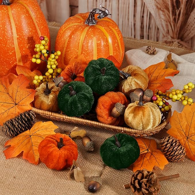 Artmag Fabric Pumpkins Set Decor, 25 PCS Fall Artificial Maple Leaves, Harvest Pumpkins, Acorns, Pine Cones and Orange Berry Stems Decorations for Fall Thanksgiving Table Home-Ruum Studio Home