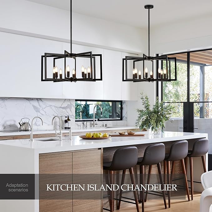 Modern Farmhouse Black Chandeliers for Dining Room, 8-Light Industrial Metal Chandeliers Geometric Pendant Lights Kitchen Island for Entryway Stairway Foyer Hallway-Ruum Studio Home