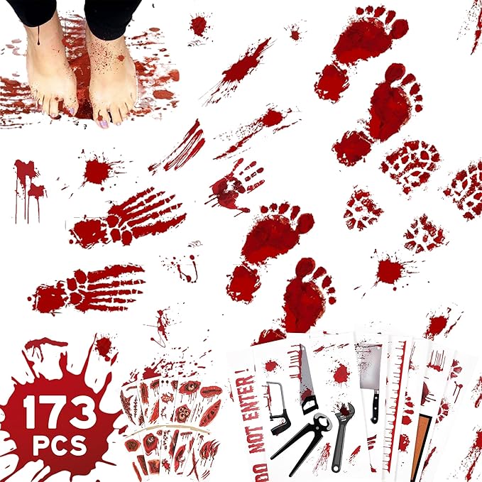173PCS Halloween Bloody Footprints Floor Clings Plus Tattoos - Hallowmas Handprint Zombie Restroom Sign Decals Party Decorations-Ruum Studio Home