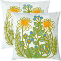 Embroidered Decorative Throw Pillow Cover, 18"x18" Set of 2, Farmhouse Pillowcase Daisy Knit Pattern Cotton Canvas Cushion Case Square Floral Pillow Case for Sofa Couch Bed Living Room…-Ruum Studio Home