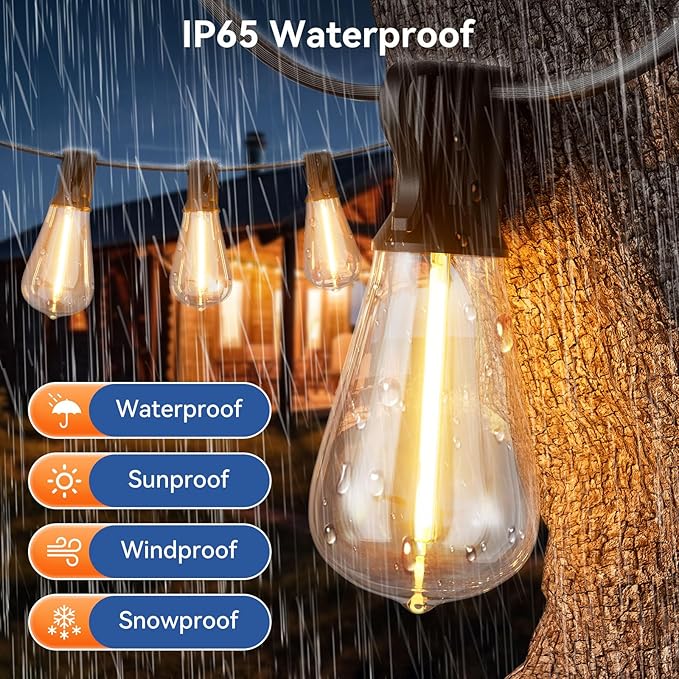 100 FT Outdoor String Lights for Outside, IP65 Waterproof ST38 LED Shatterproof Bulbs, Dimmable & Timable, 3 Light Modes, Hanging Patio Edison Lights for Porch Backyard Cafe Bistro-Ruum Studio Home