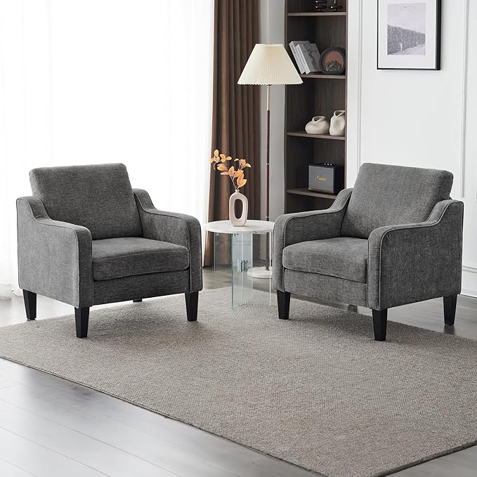 VINGLI Accent Chairs Set of 2 for Living Room, Light Grey Mid Century Modern Chair Soft Chenille Sofa Chair Upholstered Comfy Arm Chairs for Bedroom, Play Room, Apartment-Ruum Studio Home
