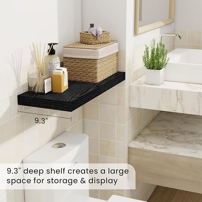Fun Memories 24 Inch Floating Shelves for Wall, 9 Inch Deep Black Rustic Wood Wall Mounted Shelves for Bathroom, Kitchen, Living Room, Set of 2-Ruum Studio Home