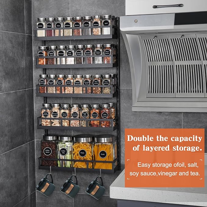 X-cosrack Wall Mount Spice Rack Organizer 5 Tier Height-Adjustable Hanging Spice Shelf Storage for Kitchen Pantry Cabinet, Dual-Use Seasoning Holder Rack with Hooks, Black-Patented-Ruum Studio Home